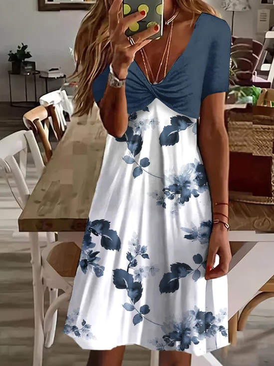 Damen Jersey Lässig Geblümt Sommerkleid Minikleid V-Ausschnitt Weit