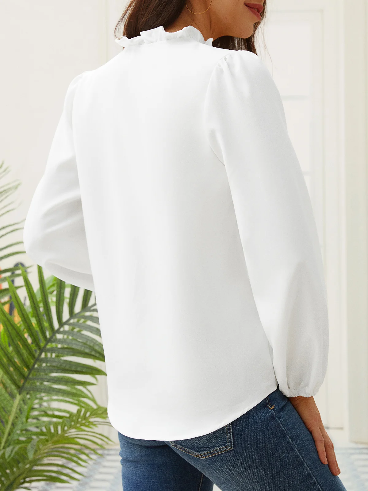 Lässig Rüschen V-Ausschnitt Langarm Blusen & Shirts