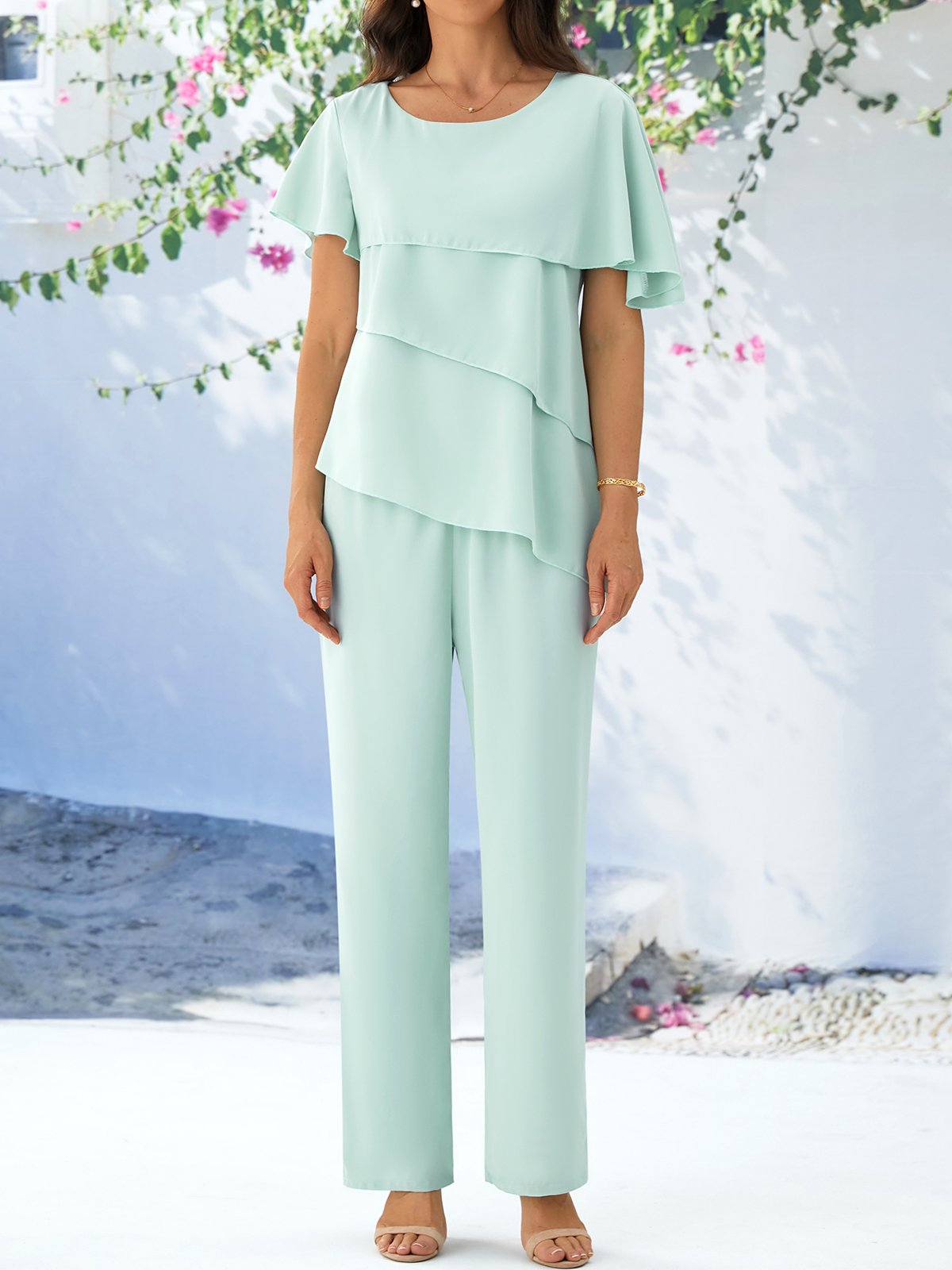 Damen Zweiteiliges Set  Kurzarm Bluse mit Hose Rundhals Elegant Unifarben Sommer Hochzeit A-Linien