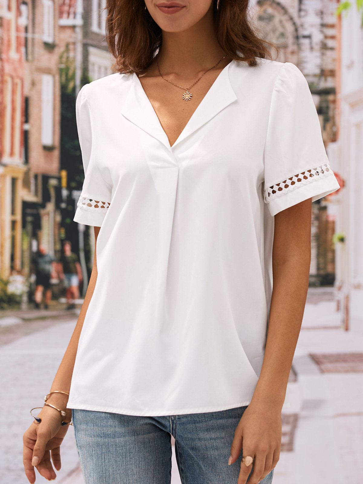 Damen Kurzarm Bluse Sommer Weiß Unifarben Perforiert Schalkragen Täglich Ausgehen Einfach Oberteile