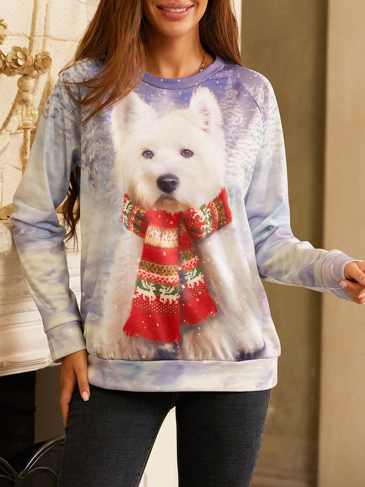 Weihnachten Rundhals Weit Hund Lässig Sweatshirt