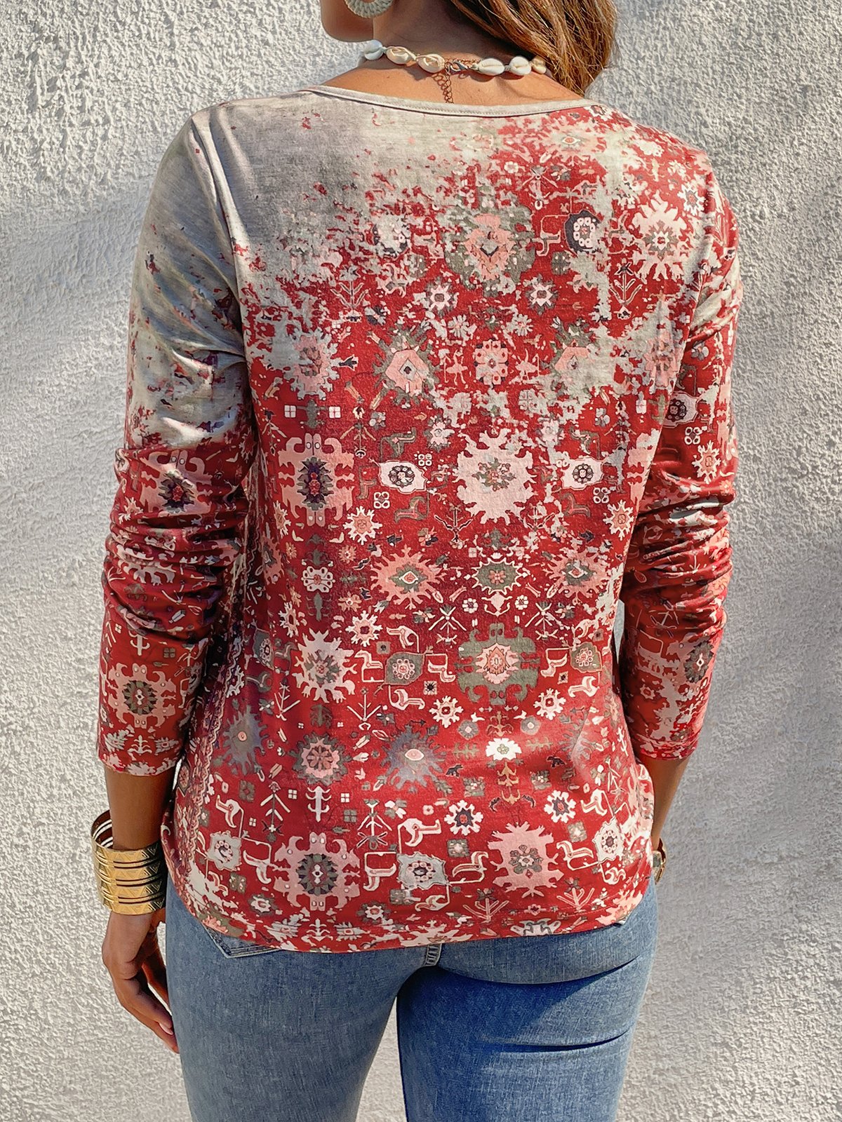 V-Ausschnitt Baumwollmischung Ethnisch Bluse Bedruckenn & Shirt