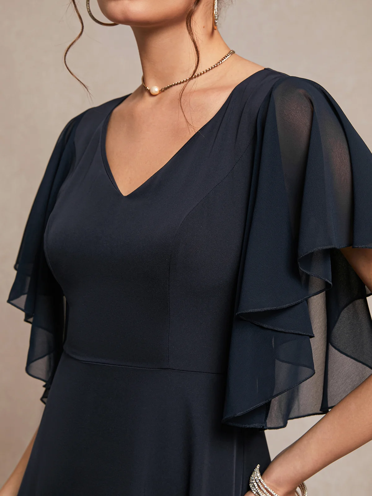 V-Ausschnitt Regelmäßige Passform Rüschenärmel Elegant Unifarben Kleid