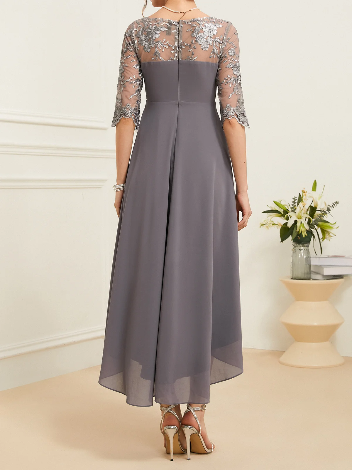 Damen Abendkleid Spitze Elegant Maxikleid Rundhals X-Linie Party Hochzeit Abschlussball Kleid