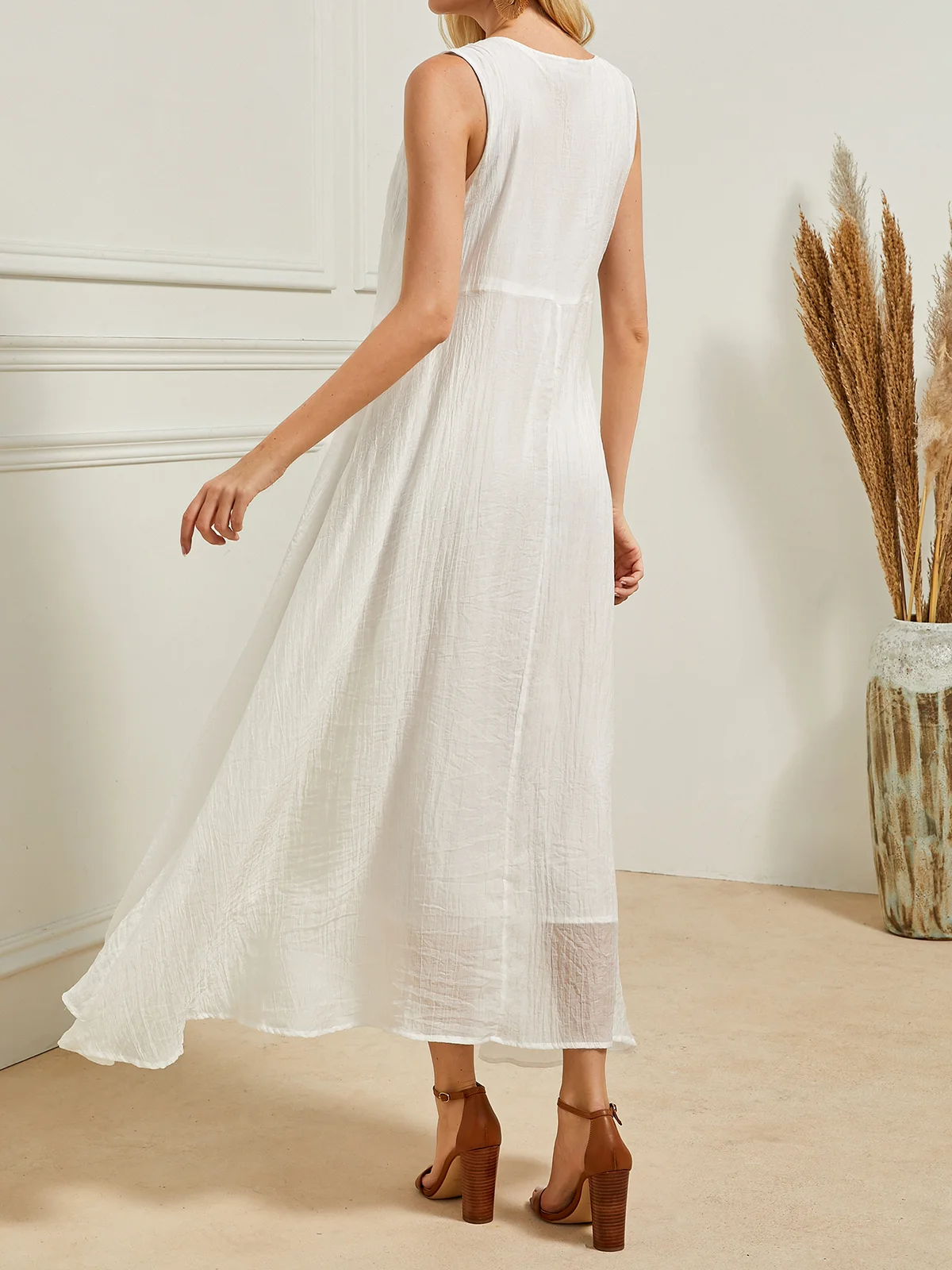 Damen Leinenkleid Weiß Sommerkleid Lang Tanktop Kleid