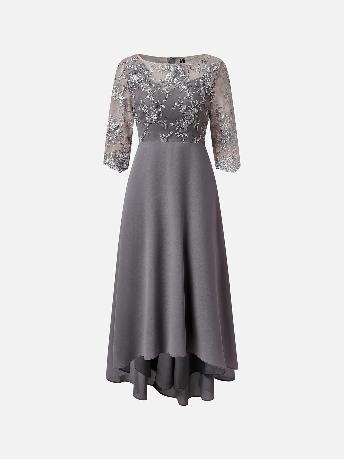 Damen Abendkleid Spitze Elegant Maxikleid Rundhals X-Linie Party Hochzeit Abschlussball Kleid