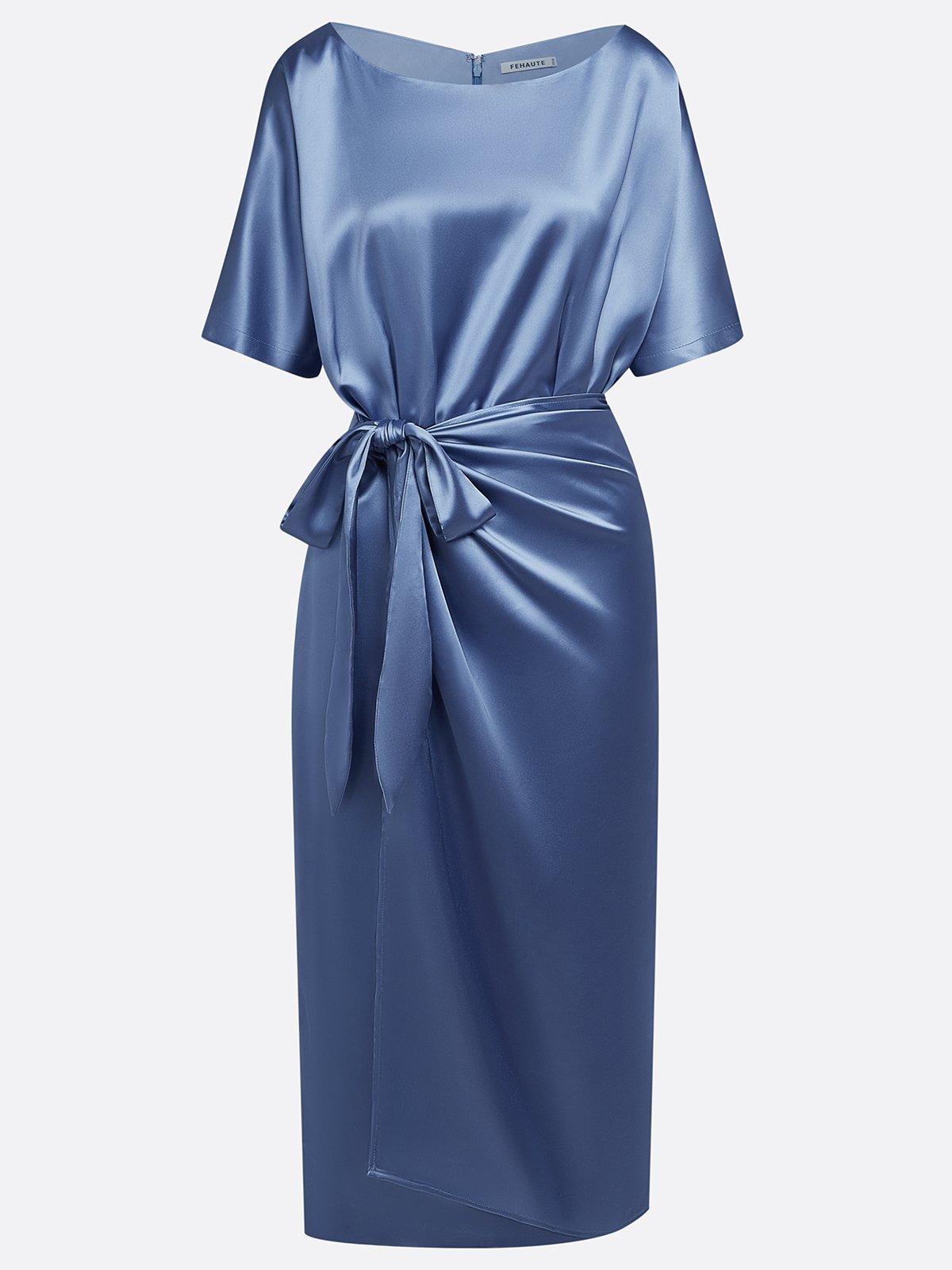 Damen Kurzarm Sommer Unifarben Knoten an der Front Kleid Rundhals Date Ausgehen Urban Midi X-Linie Blau