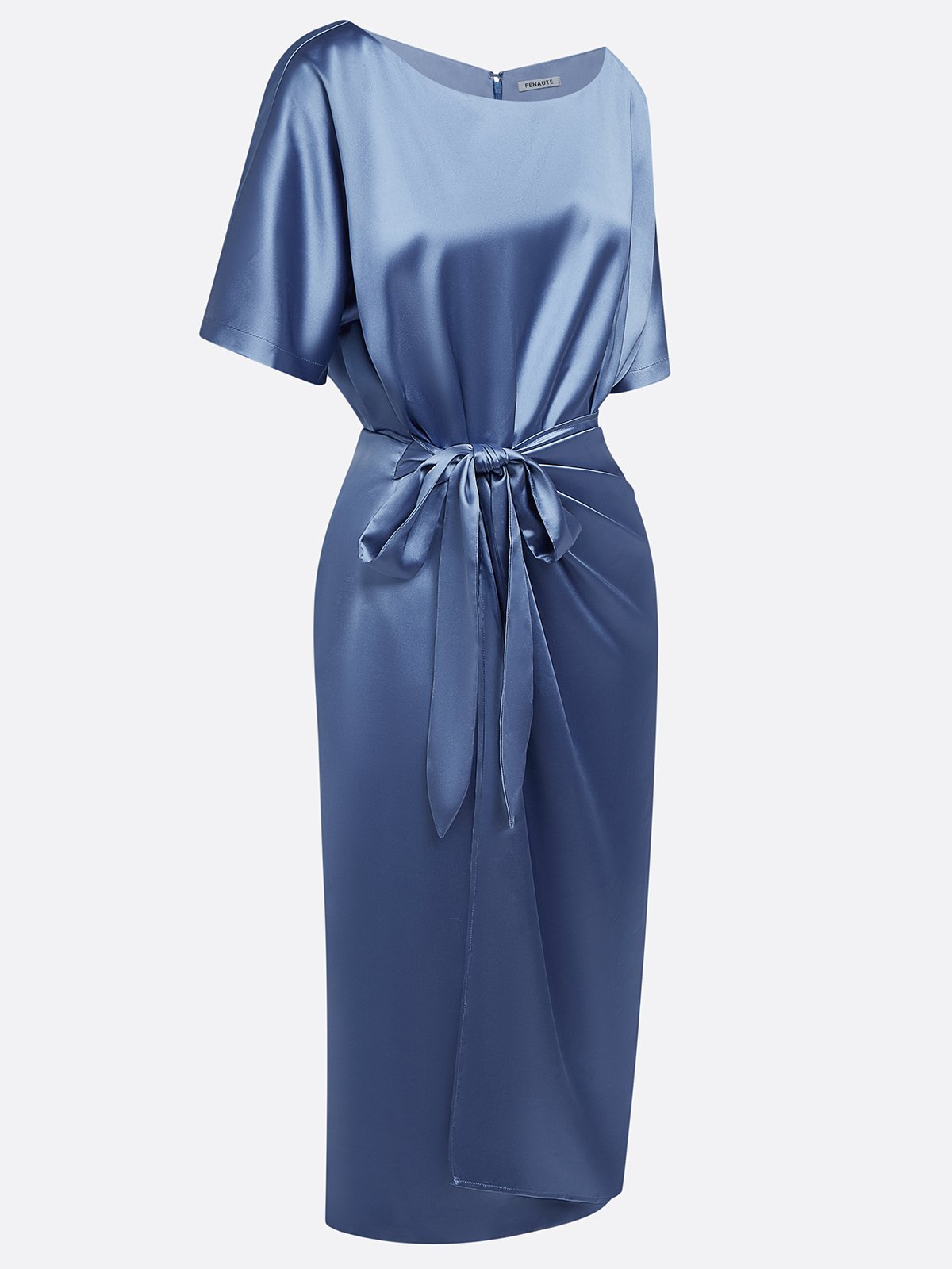 Damen Kurzarm Sommer Unifarben Knoten an der Front Kleid Rundhals Date Ausgehen Urban Midi X-Linie Blau