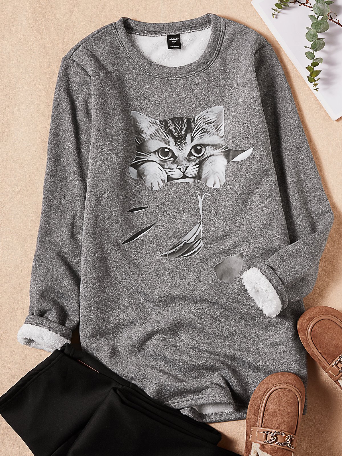 Grau Spaß Katze Vlies Warm Sweatshirt