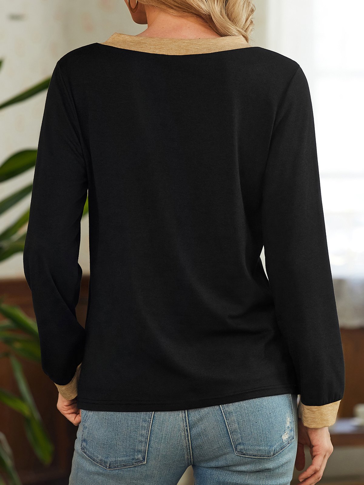 Damen Lässig Farbblock Herbst Polyester V-Ausschnitt Langarm H-Linie Regelmäßig Regelmäßig Größe T-Shirt