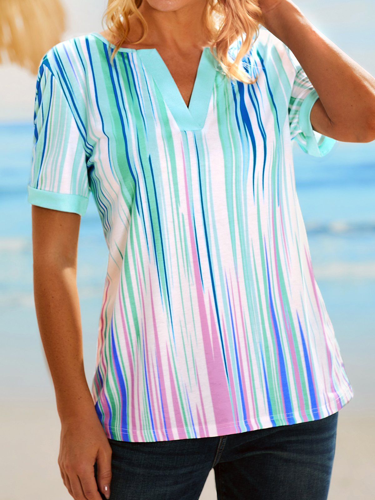 Locker Farbverlauf V-Ausschnitt Kurzarm Blusen & Shirts