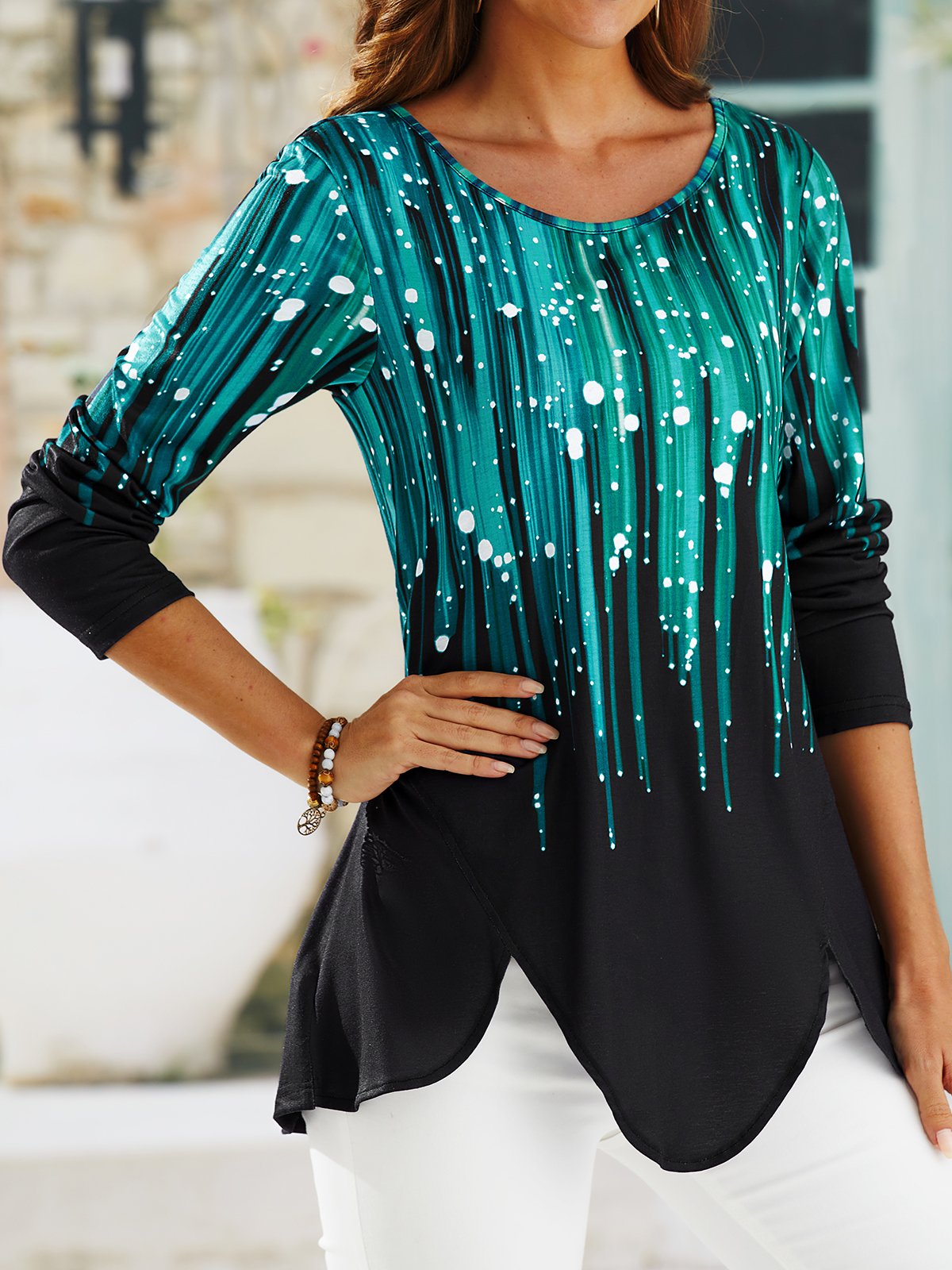 Geometrisch Lässig Herbst Jersey Langarm Rundhals H-Linie Regelmäßig Regelmäßig Größe Bluse Bedruckenn & Shirts für Damen