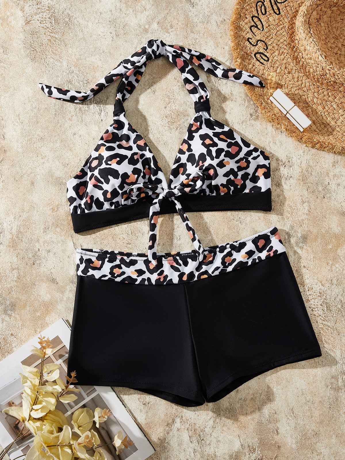 Sexy Leopard Print Neckholder Bikini-Set Zweiteiliges Set