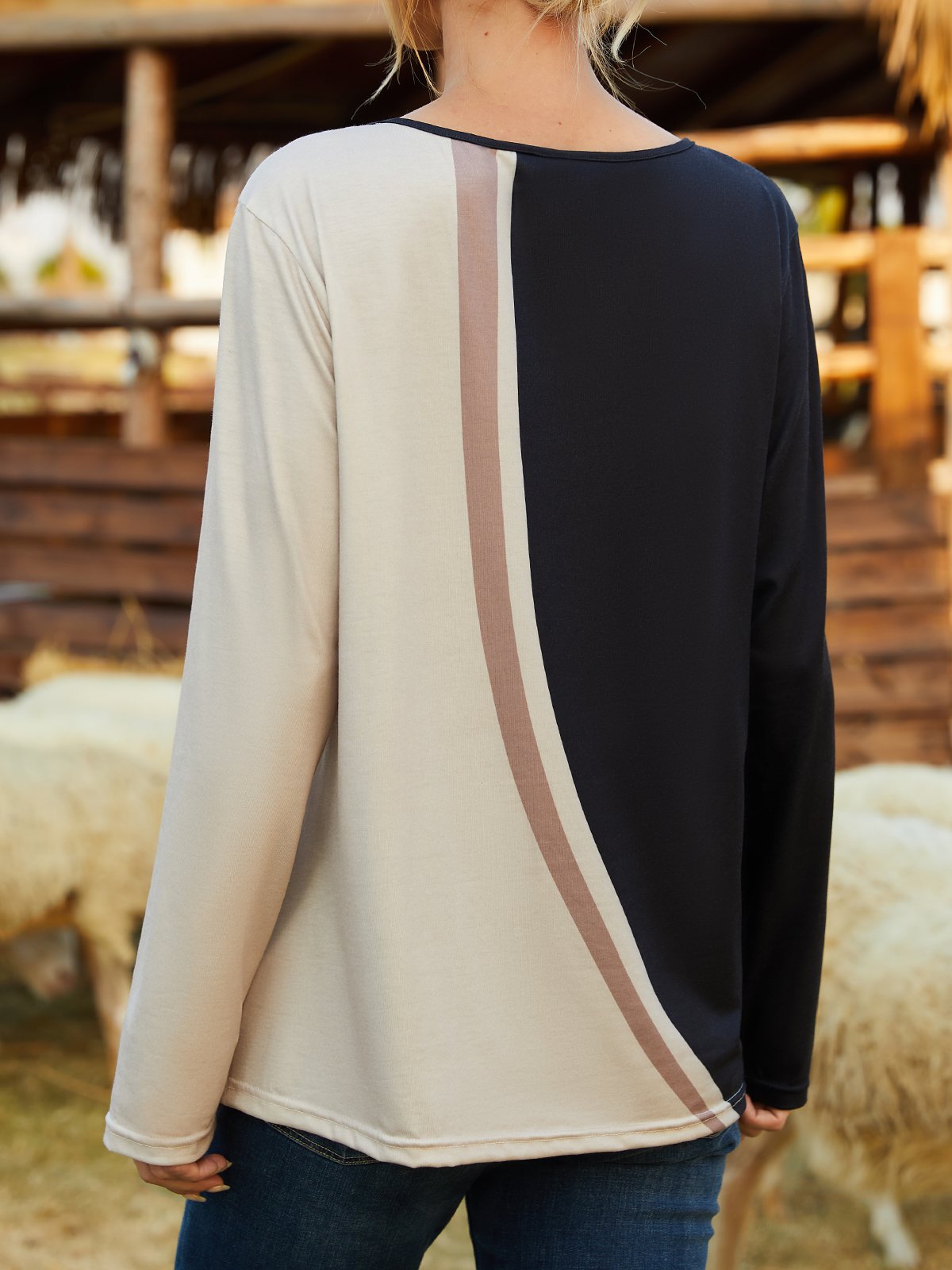 Regelmäßige Passform Farbblock Rundhals Bluse Bedruckenn & Shirt