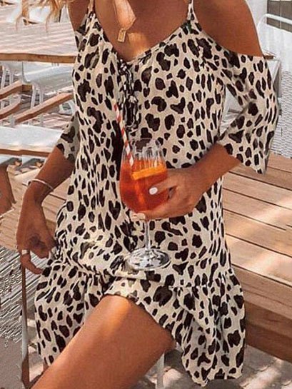 Damen Leopard Halbarm Sommer Kleid V-Ausschnitt Urlaub Urlaub Mini H-Linie Kleid