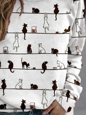 Süß Katze Rundhals Langarm Lässig Shirts & Blusen&Shirts