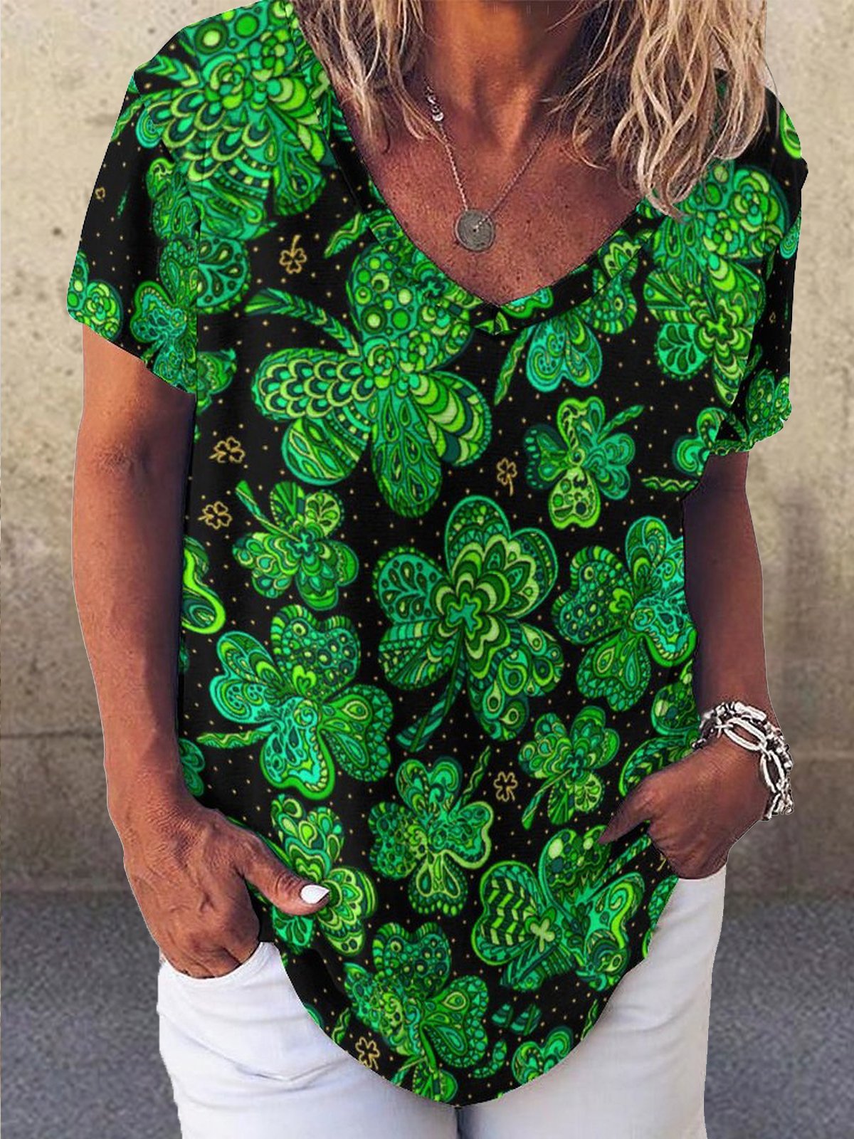 Damen Kleeblatt Kurzarm T-Shirts T-Shirt V-Ausschnitt Lässig Sommer Oberteile