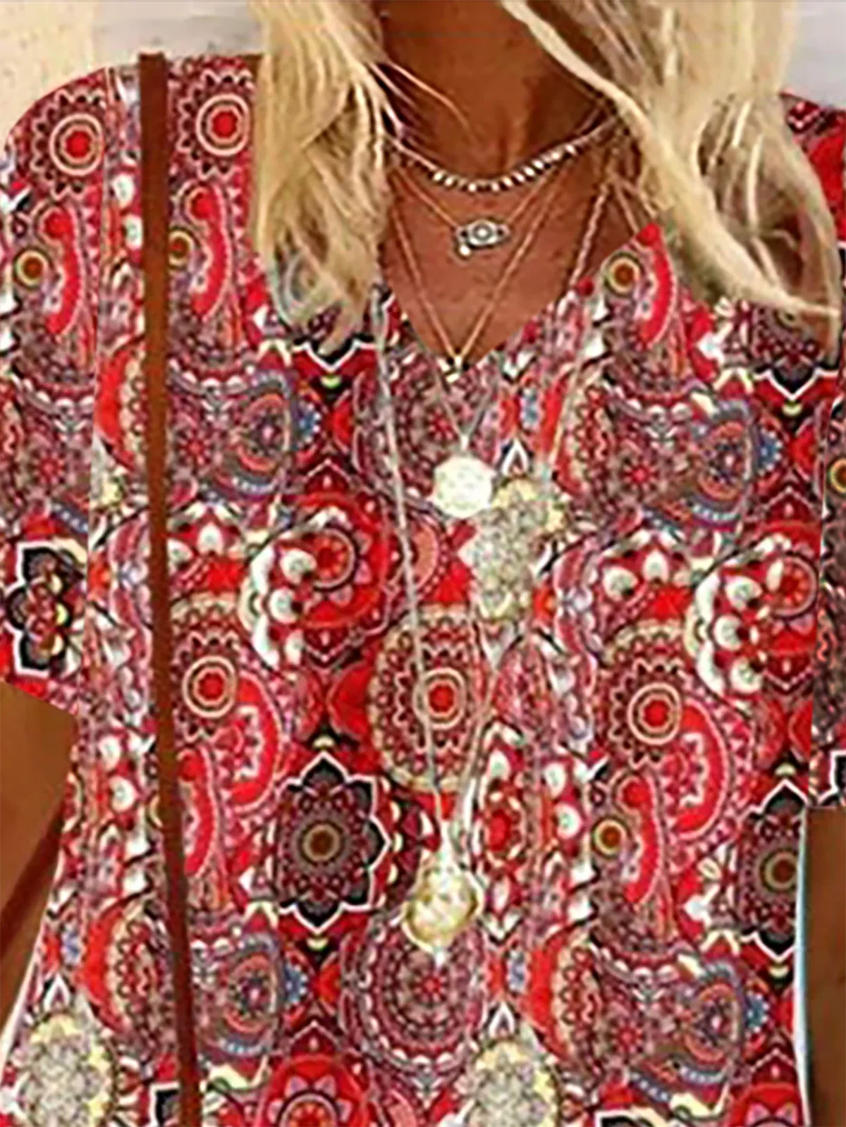 Damen-Bluse mit kurzen Ärmeln Sommer ethnischer Stil Rundhalsausschnitt Urlaub Ausgehen lässiges Oberteil Rot