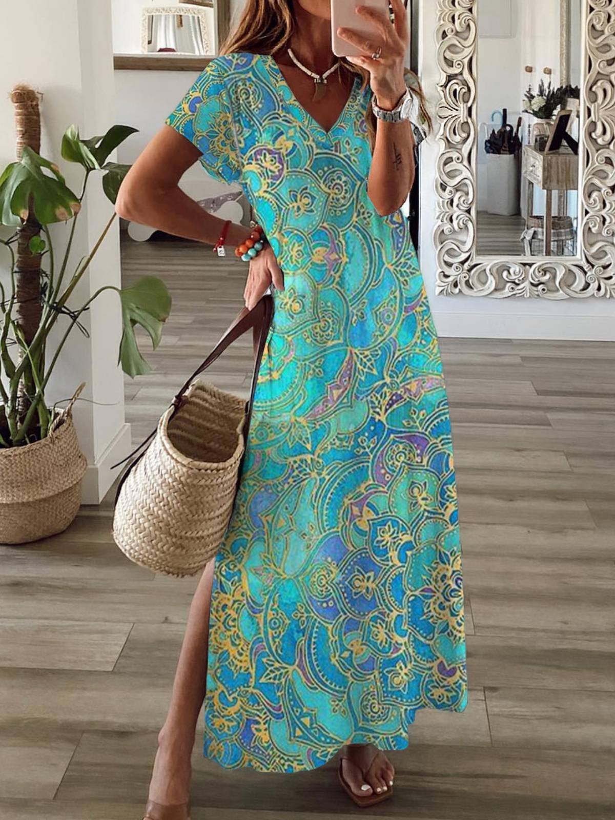 Damen Kurzarm Sommer Paisley Jersey Kleid V-Ausschnitt Täglich Ausgehen Lässig H-Linie T-Shirt-Kleid