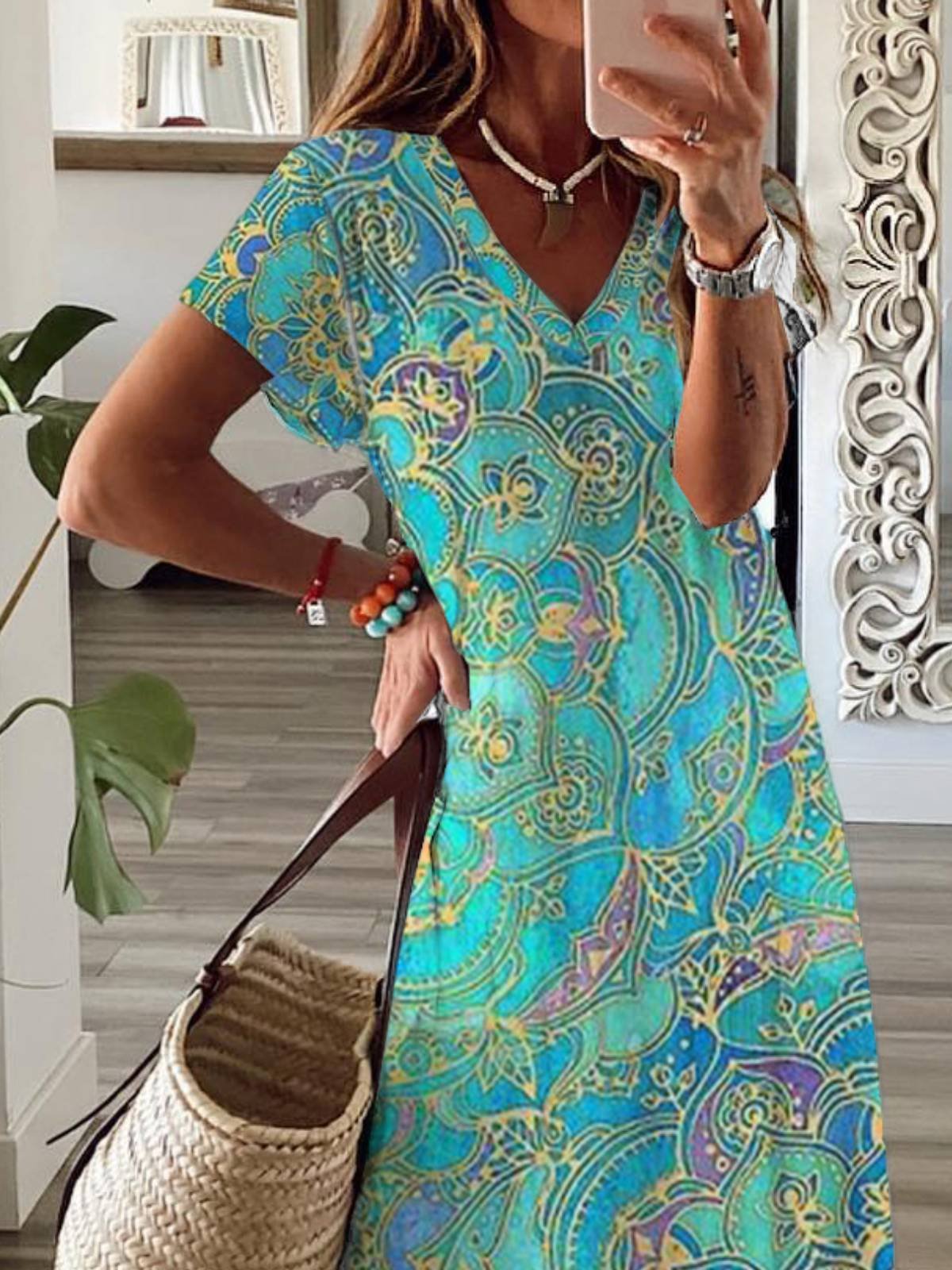 Damen Kurzarm Sommer Paisley Jersey Kleid V-Ausschnitt Täglich Ausgehen Lässig H-Linie T-Shirt-Kleid