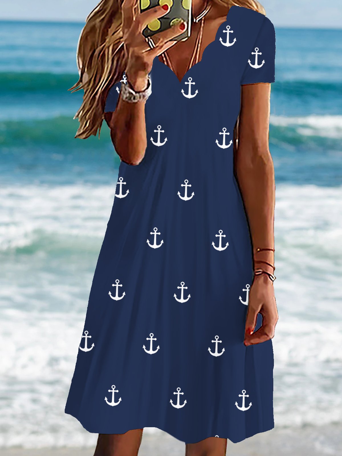 Damen Polka Dots Kurzarm Sommer Kleid V-Ausschnitt Urlaub Urlaub Midi T-Shirt-Kleid H-Linie Kleid