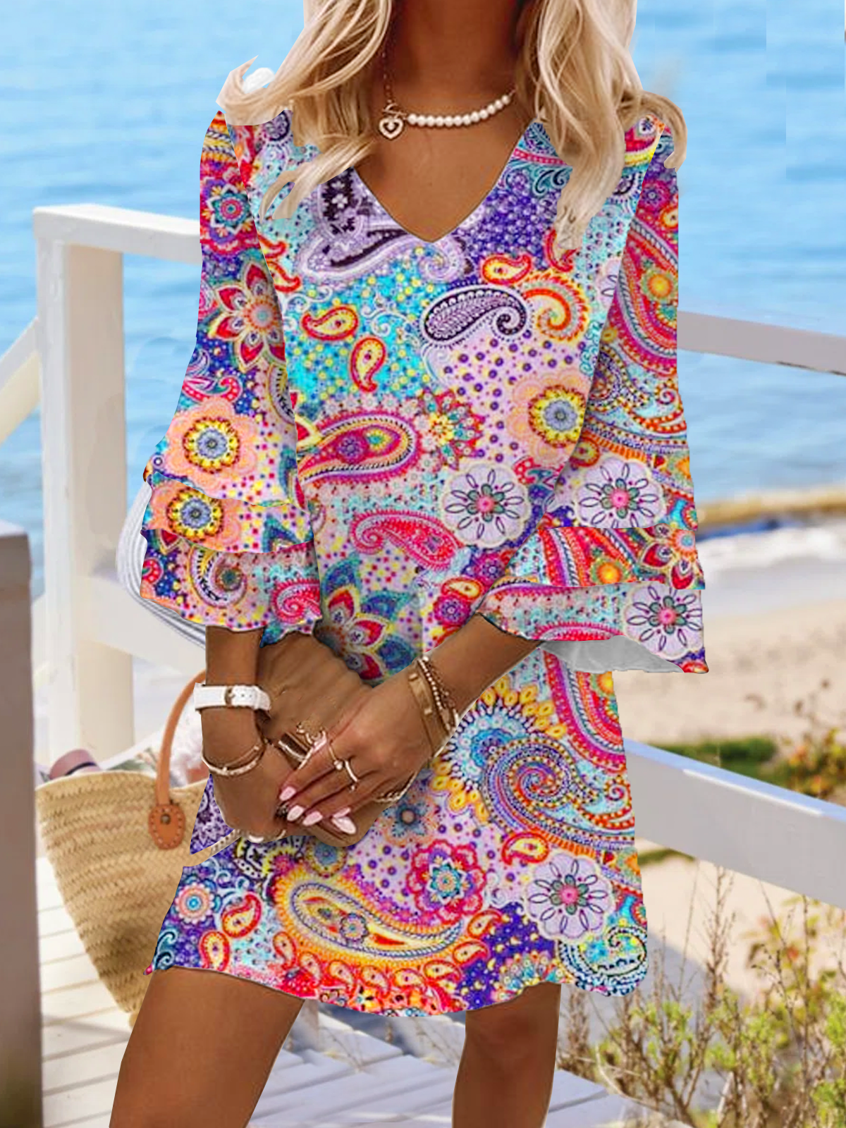 Damen Langarm Sommer Paisley Schößchen Kleid V-Ausschnitt Urlaub Ausgehen Urlaub Mini H-Linie Tunika