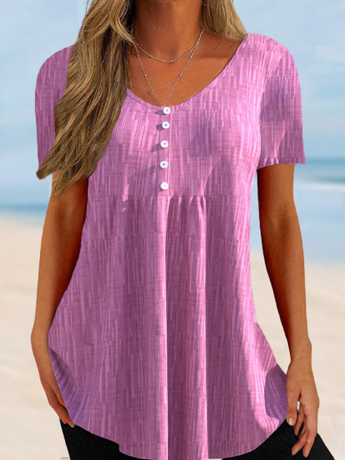 Damen Unifarben Kurzarm T-Shirts T-Shirt V-Ausschnitt Urlaub Sommer Tunika Oberteile