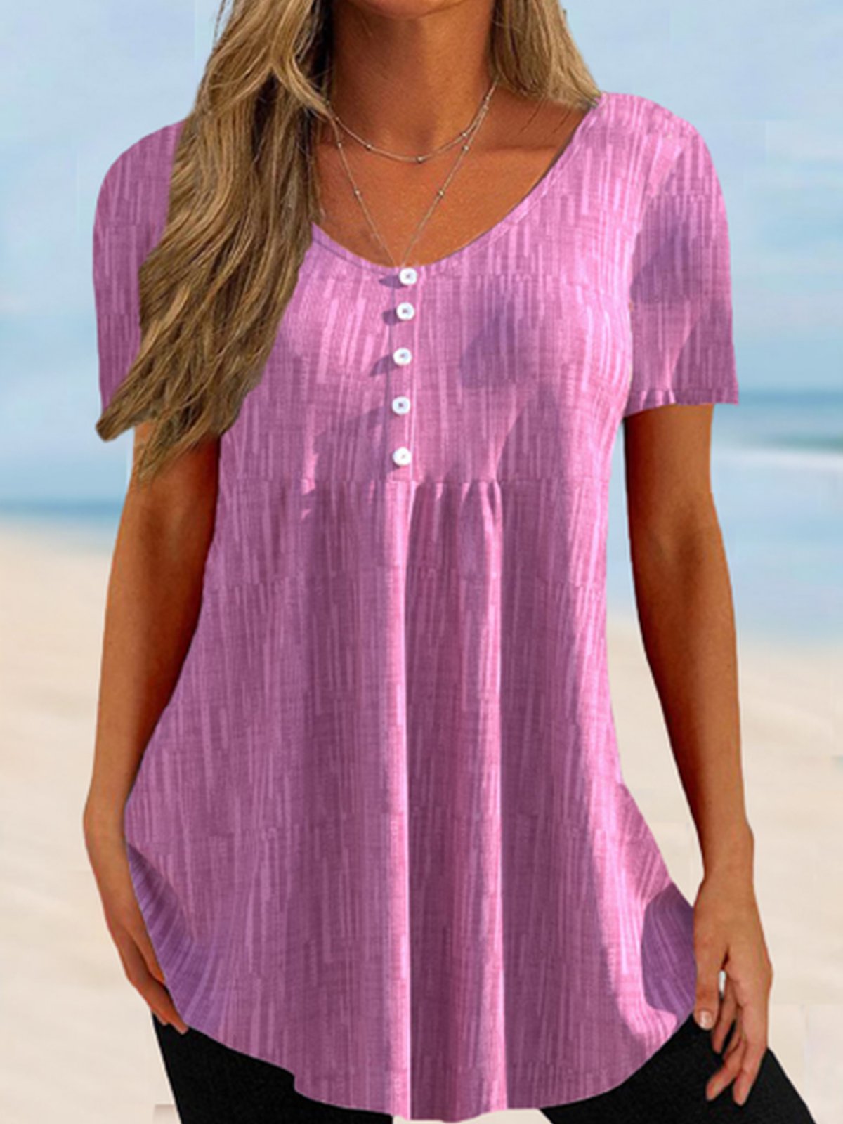 Damen Unifarben Kurzarm T-Shirts T-Shirt V-Ausschnitt Urlaub Sommer Tunika Oberteile