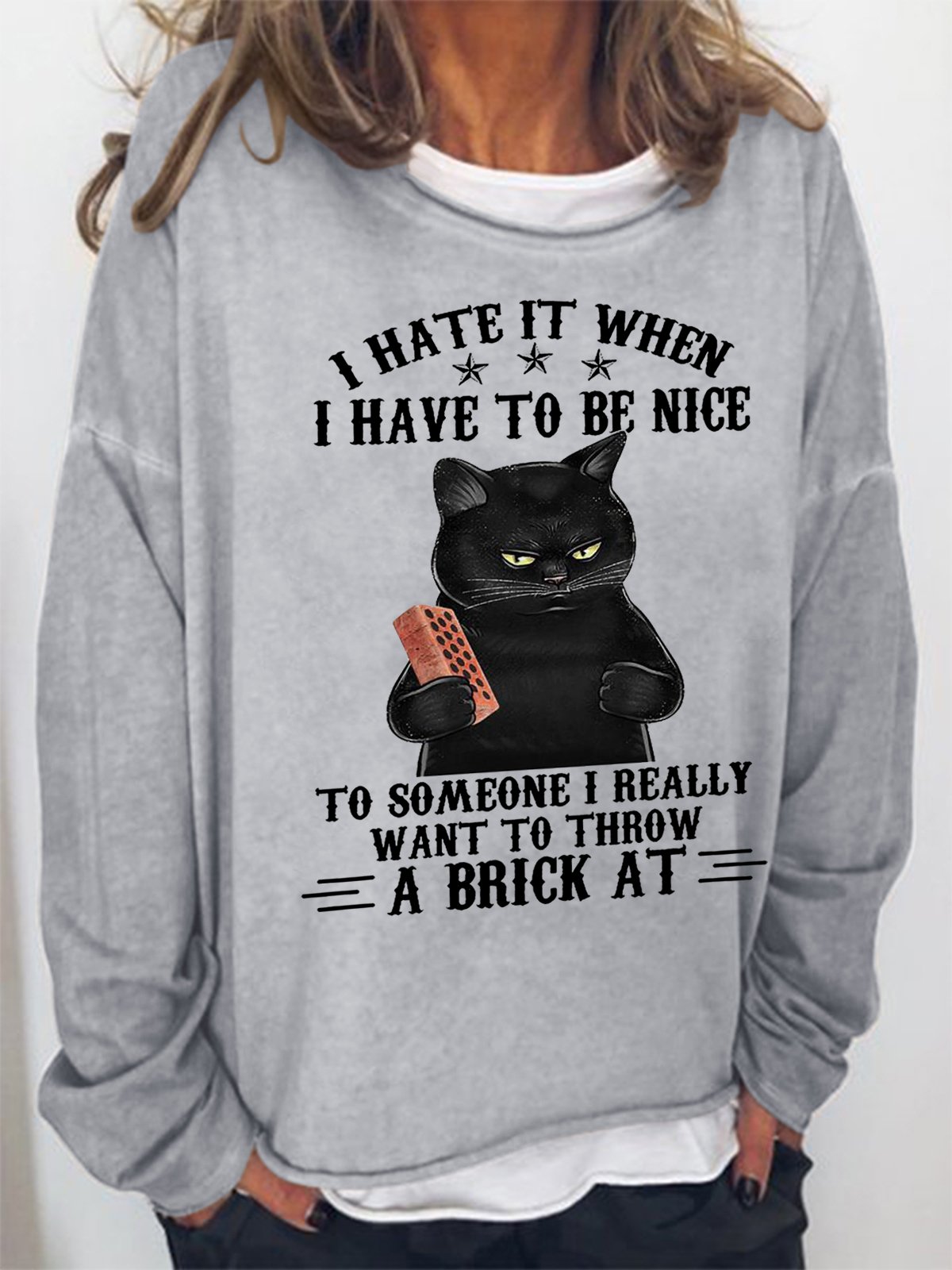 Damen Rundhals Katze Einfach Frühling/Herbst Langarm Sweatshirt