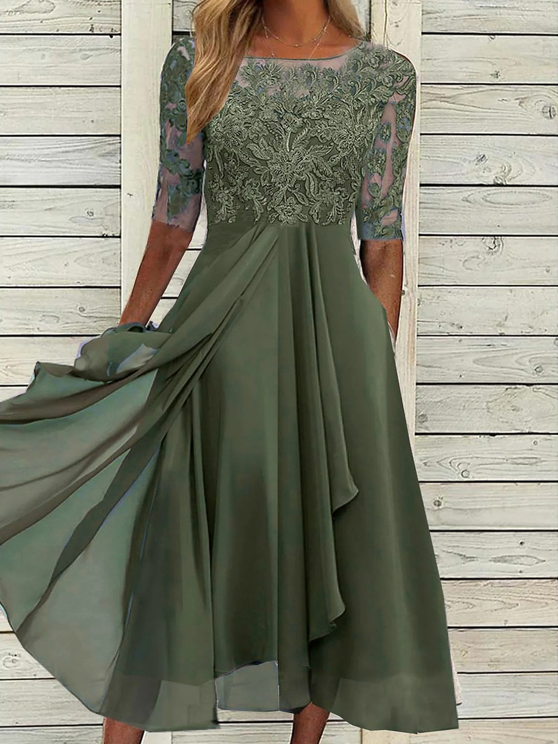 Damen Abendkleid Lang Sommerkleid Festliche Kleid Spitze Elegante Halber Körper Midikleid