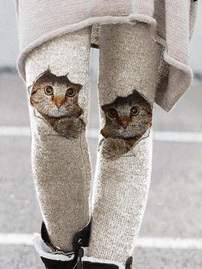 Katze Elastische Taille Print Freizeithose Legging