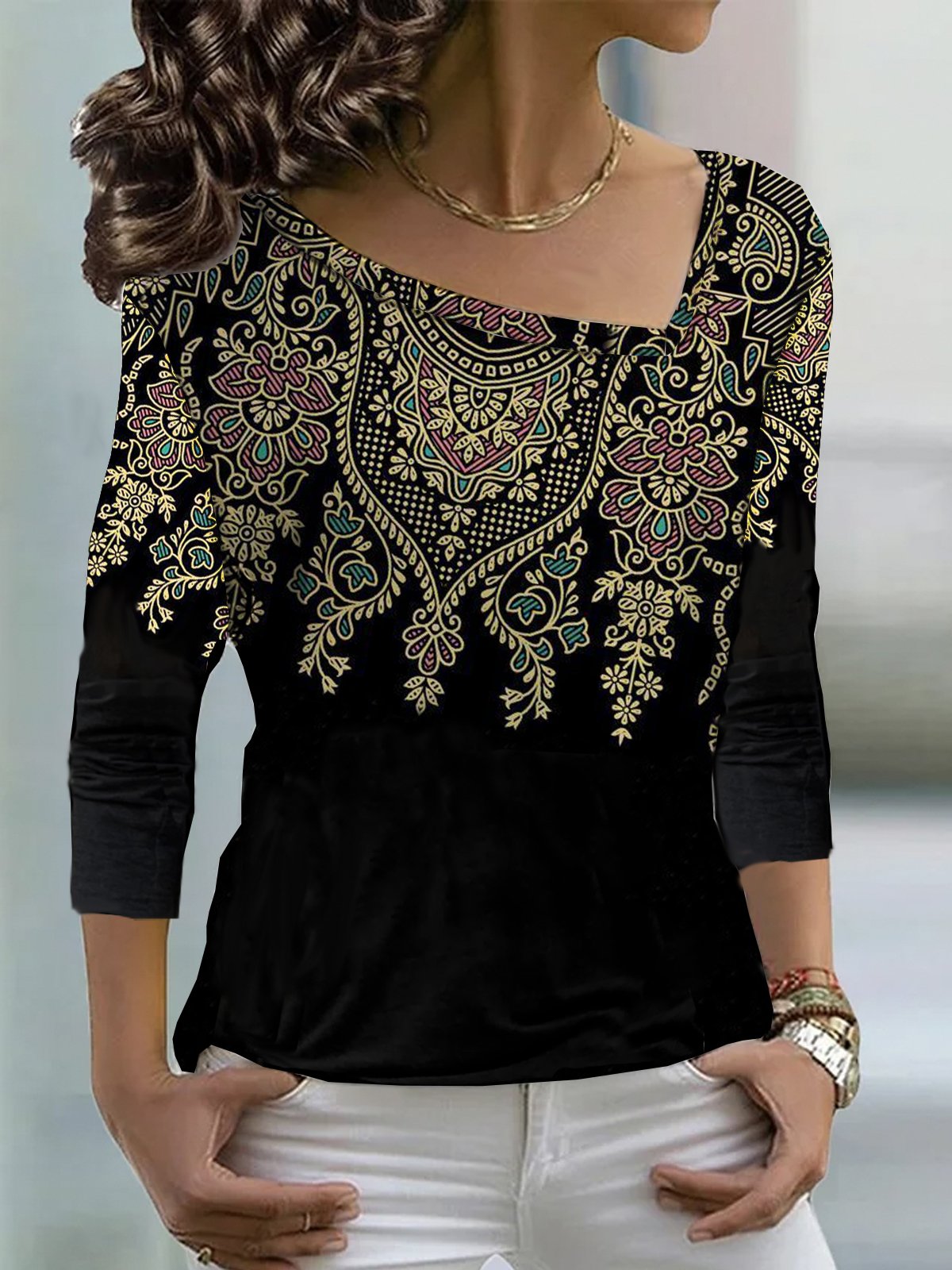 Damen Langarm T-Shirts T-Shirt Frühling/Herbst Ethnisch Asymmetrisch Lässig Oberteile