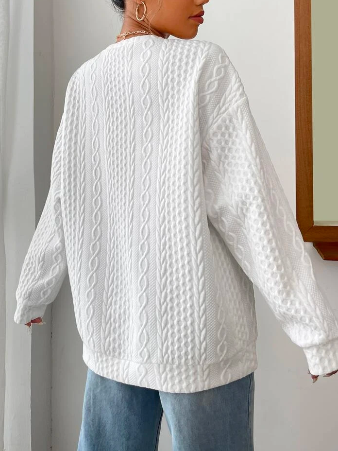 Geometrisch Weit Rundhals Fallen Schulter Kabel texturiert Pullover Sweatshirt