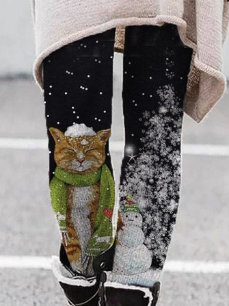Katze und Weihnachtsschneemann Fest Lässig Leggings