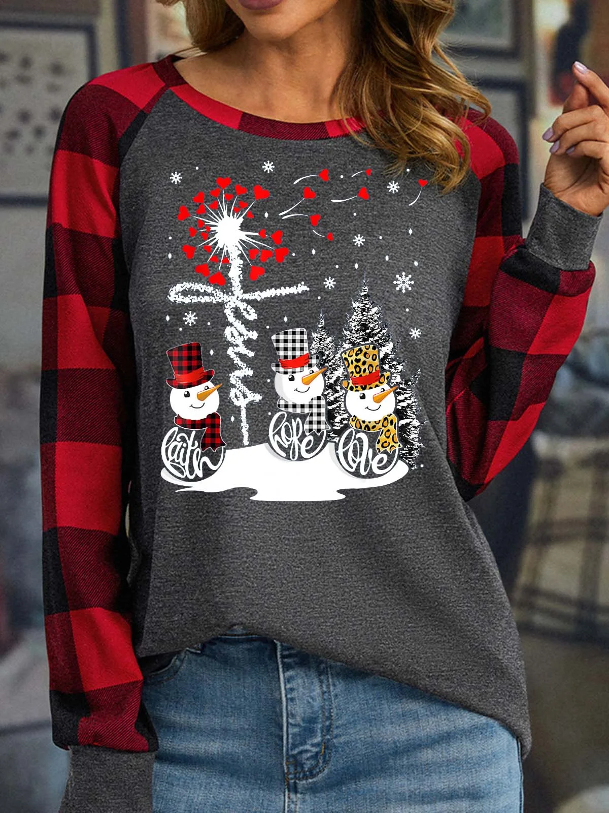 Damen Langarm Bluse Frühling/Herbst Weihnachten Polyester Baumwolle Rundhals Täglich Ausgehen Lässig Oberteile