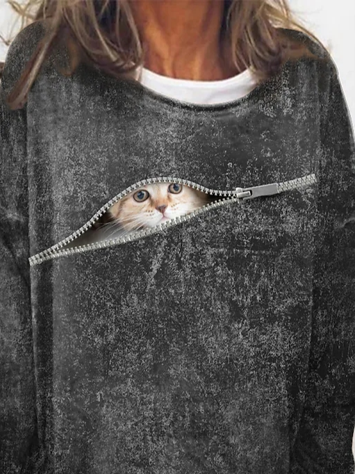 Rundhals Weit Katze Lässig Sweatshirt