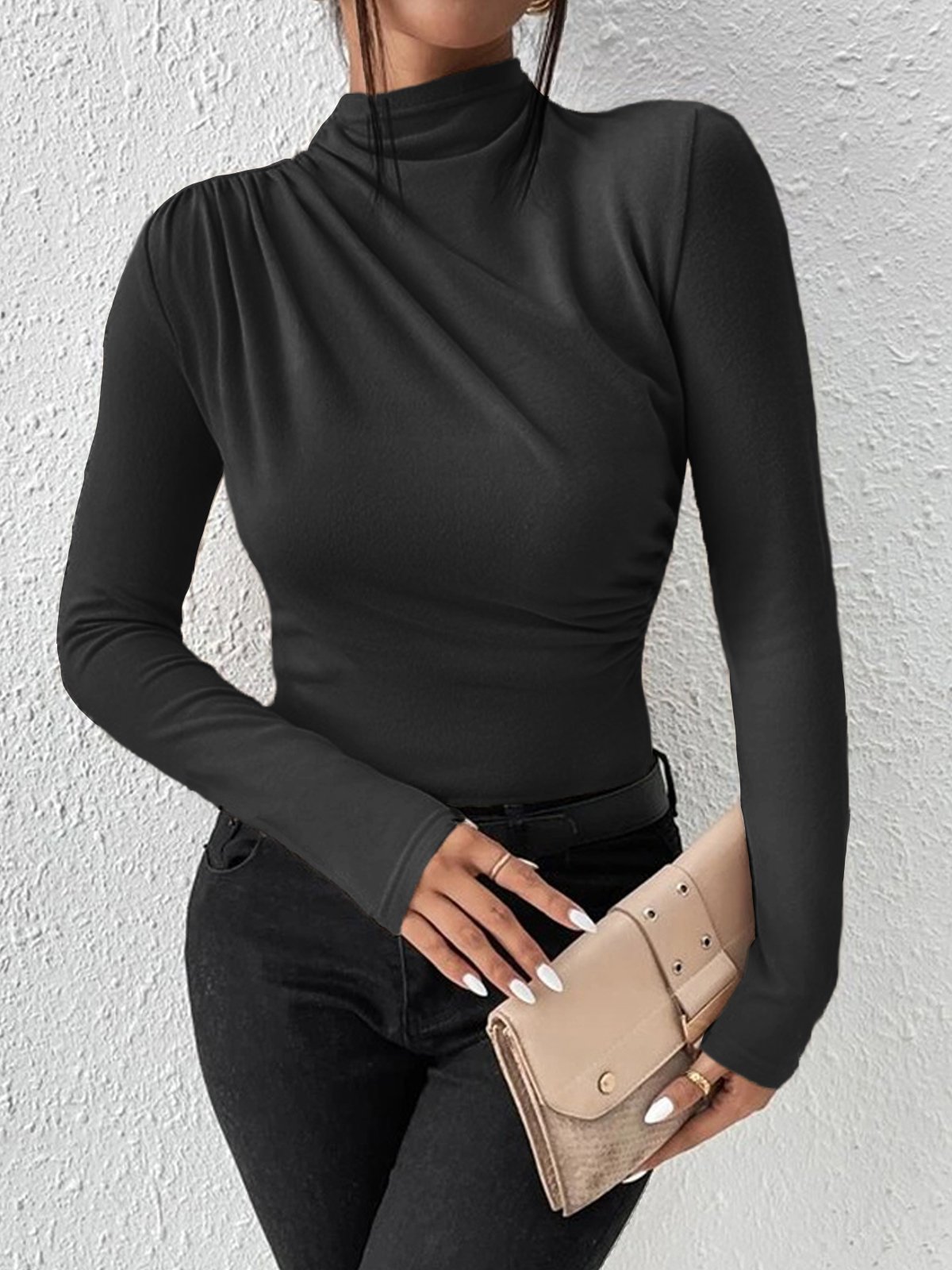 Damen Unifarben Langarm Bluse Frühling/Herbst Rollkragen Täglich Lässig Oberteile