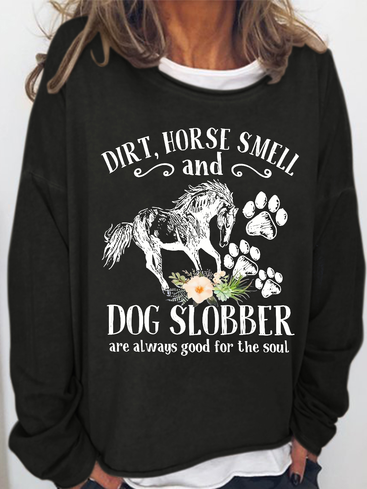 Damen Süß Pferd und Hund Blume Schmutz Pferd Geruch Einfach Rundhals Weit Sweatshirt