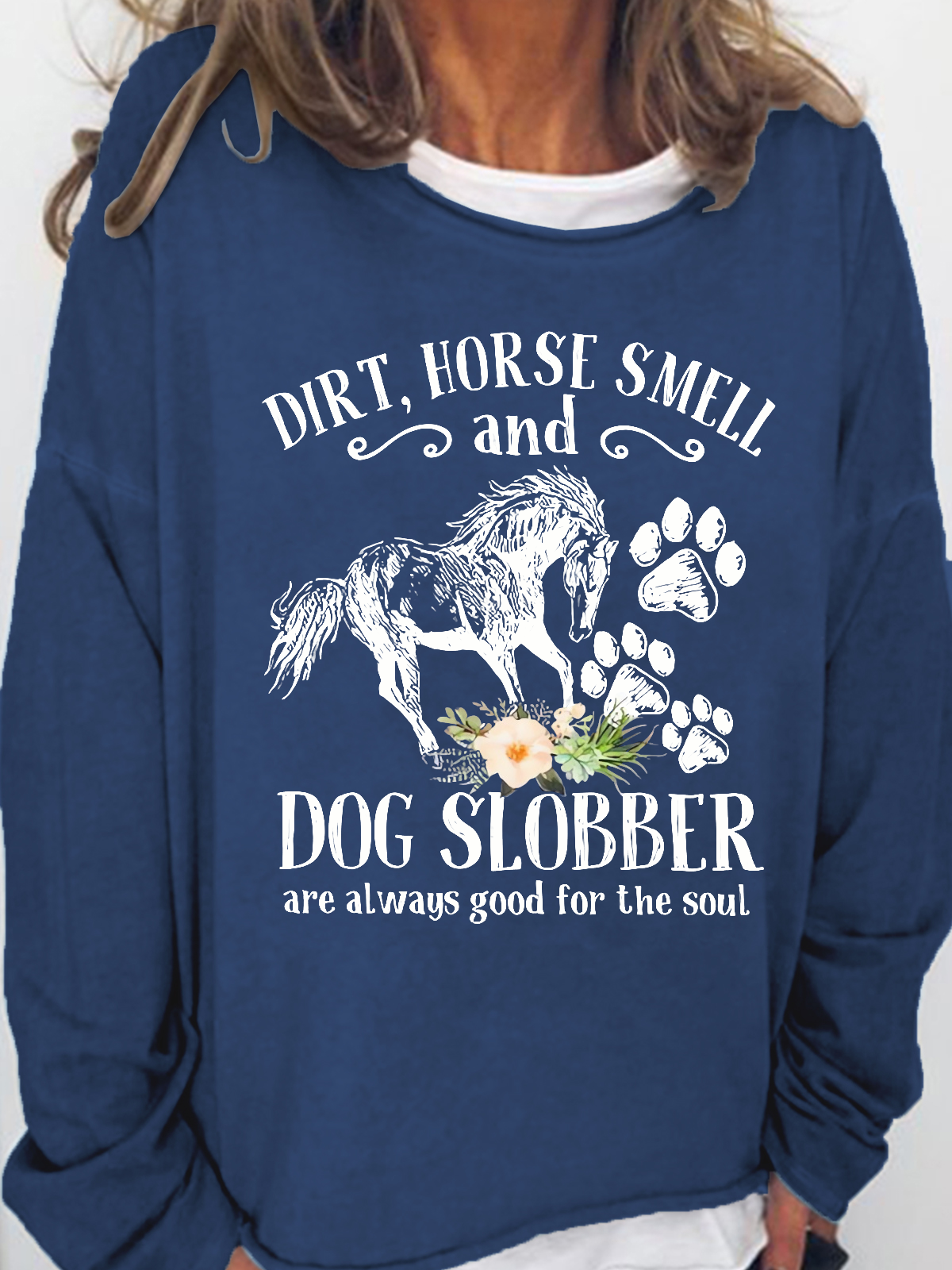 Damen Süß Pferd und Hund Blume Schmutz Pferd Geruch Einfach Rundhals Weit Sweatshirt