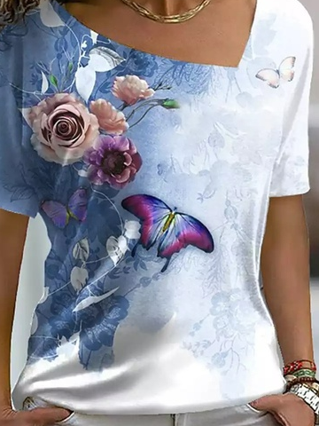 Regelmäßige Passform Asymmetrisch Lässig Schmetterling T-shirt Bedrucken