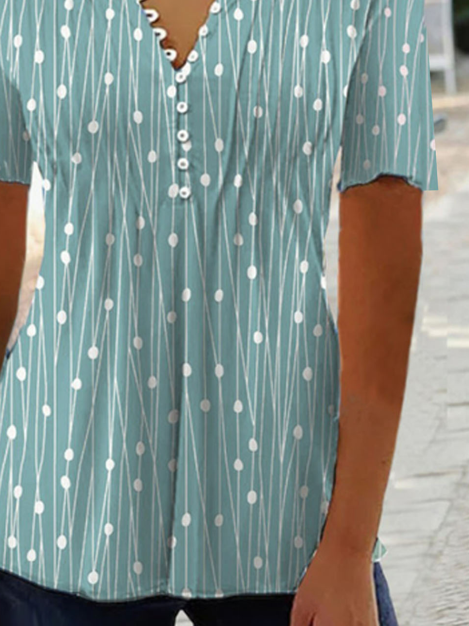 Damen Kurzarm Bluse Sommer Geometrisch Schnalle Jersey Gekerbt Täglich Ausgehen Lässig Oberteile Grün