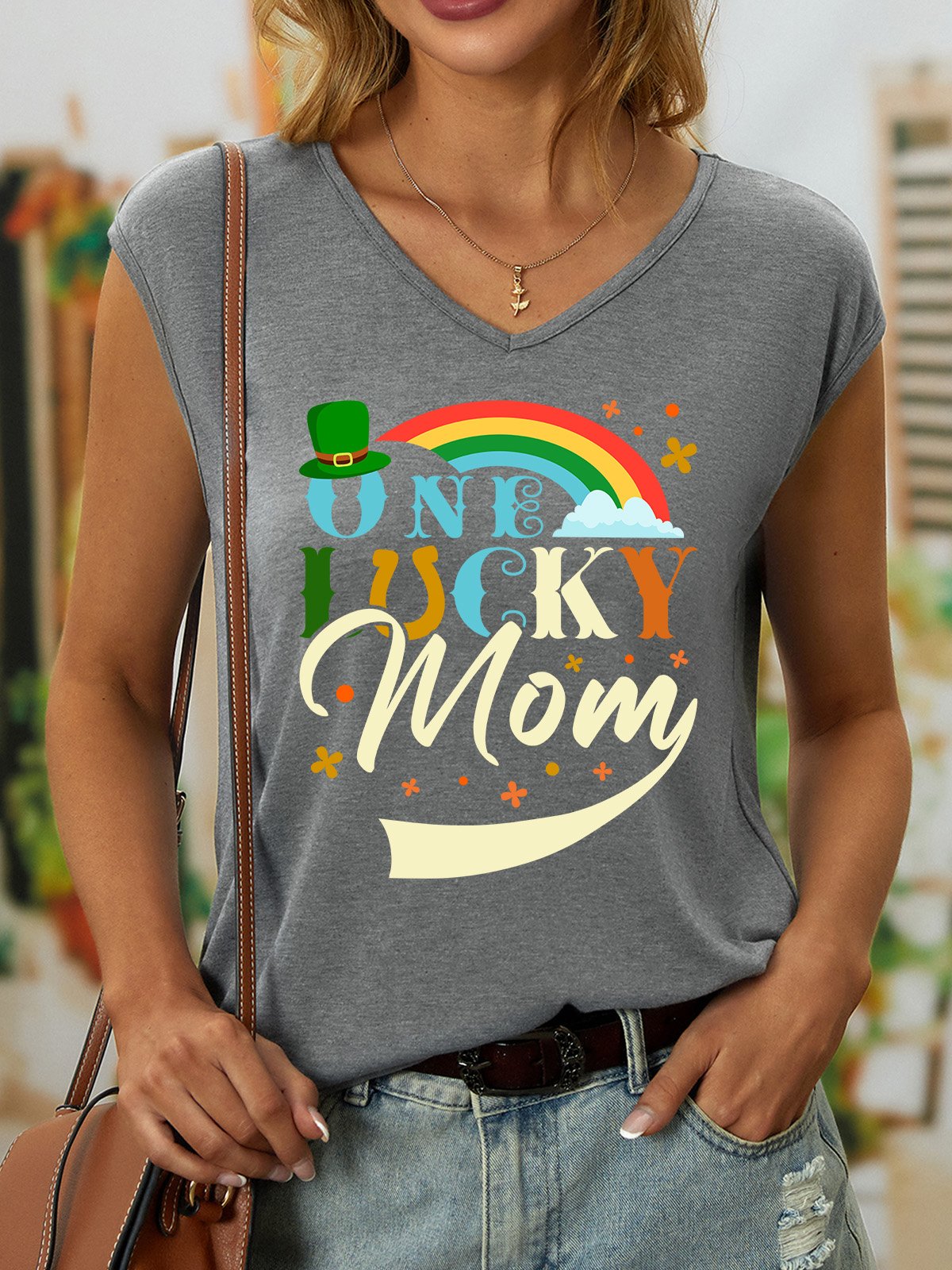 Damen Ärmellos Tanktop Oberteile Leibchen Sommer Kleeblatt V-Ausschnitt Täglich Lässig Oberteile