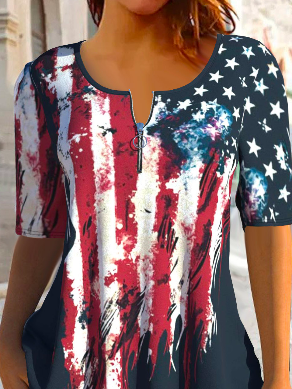 Damen Kurzarm Bluse Sommer Amerika-Flagge Reißverschluss Jersey Rundhals Täglich Ausgehen Lässig Oberteile