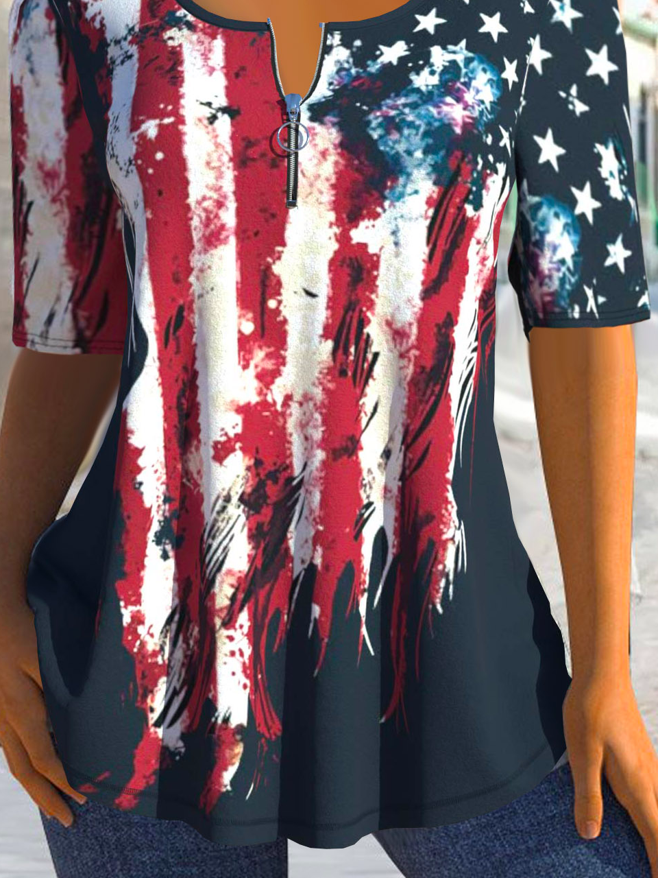 Damen Kurzarm Bluse Sommer Amerika-Flagge Reißverschluss Jersey Rundhals Täglich Ausgehen Lässig Oberteile