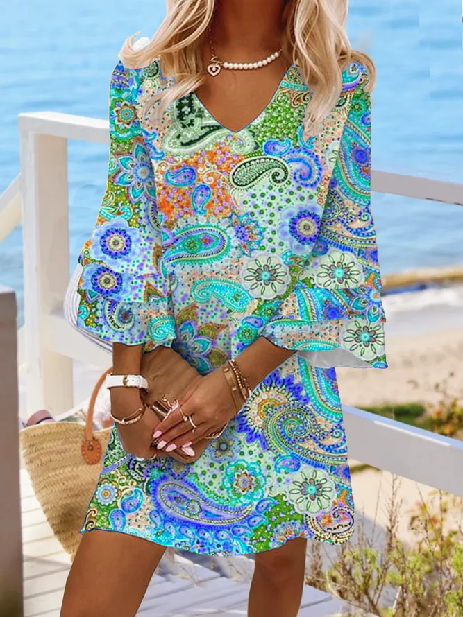 Damen Langarm Sommer Paisley Schößchen Kleid V-Ausschnitt Urlaub Ausgehen Urlaub Mini H-Linie Tunika