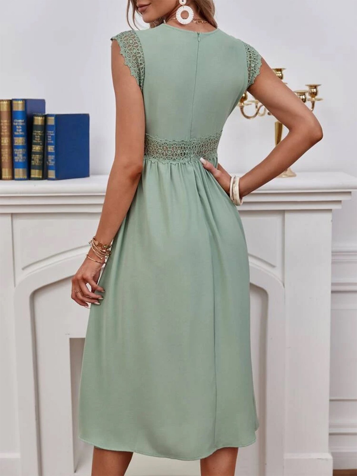 Unifarben Spitze V-Ausschnitt Elegant Kleid