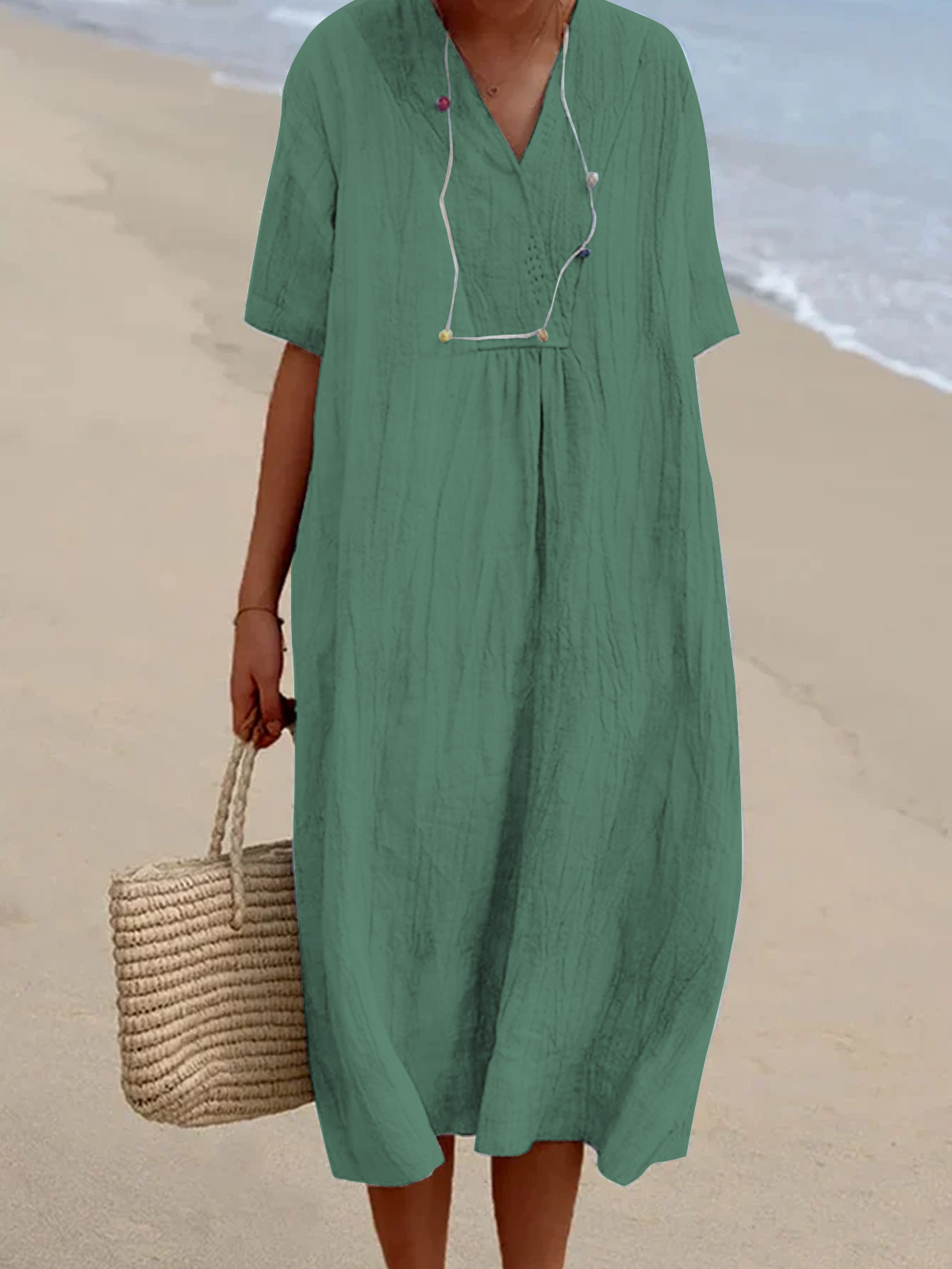 Einfarbiges Sommerkleid für Damen mit V-Ausschnitt  regelmäßig täglich H-Linie