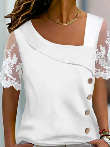 Damen T-shirt mit Spitzenärmel Lässig Asymmetrischer Hals Geknöpft Mesh Bluse