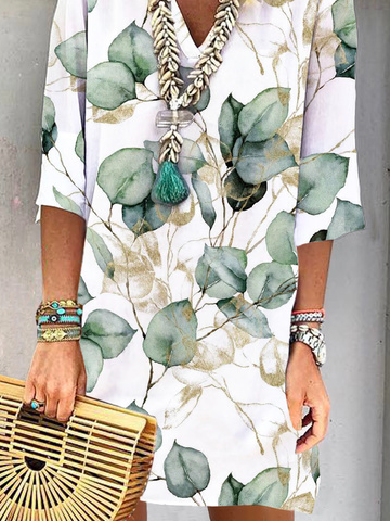Damen Blätter Dreiviertelärmel Sommer Kleid V-Ausschnitt Täglich Urlaub Mini Tunika H-Linie Kleid