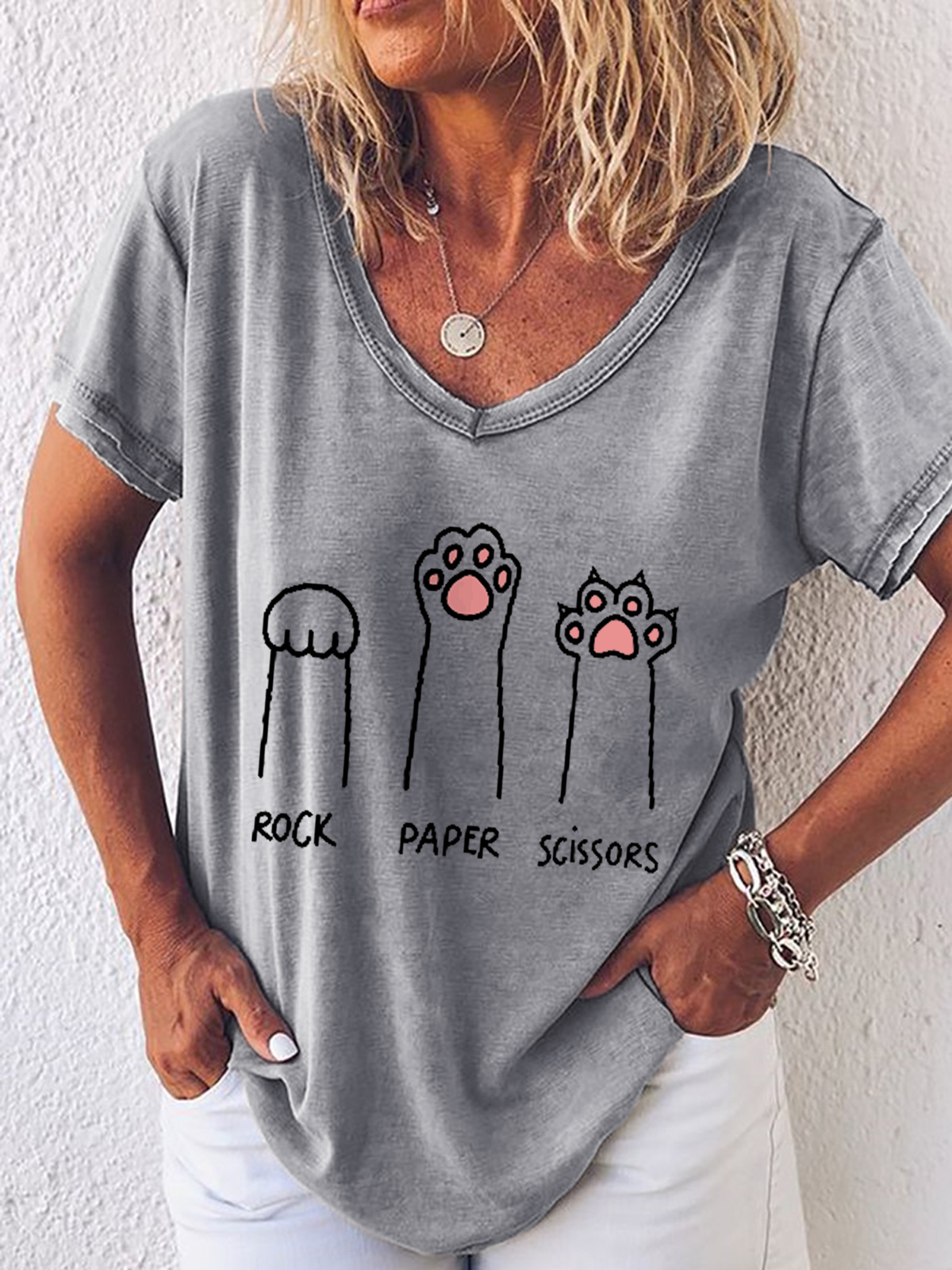 Damen Kurzarm T-Shirts T-Shirt Sommer Katze V-Ausschnitt Einfach Oberteile